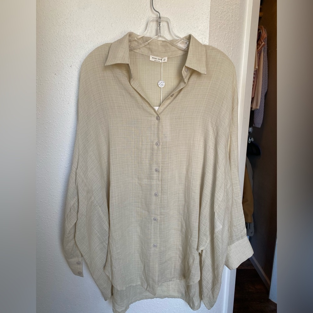 Ali Beige Oversized Cotton Blend Tunic Shirt